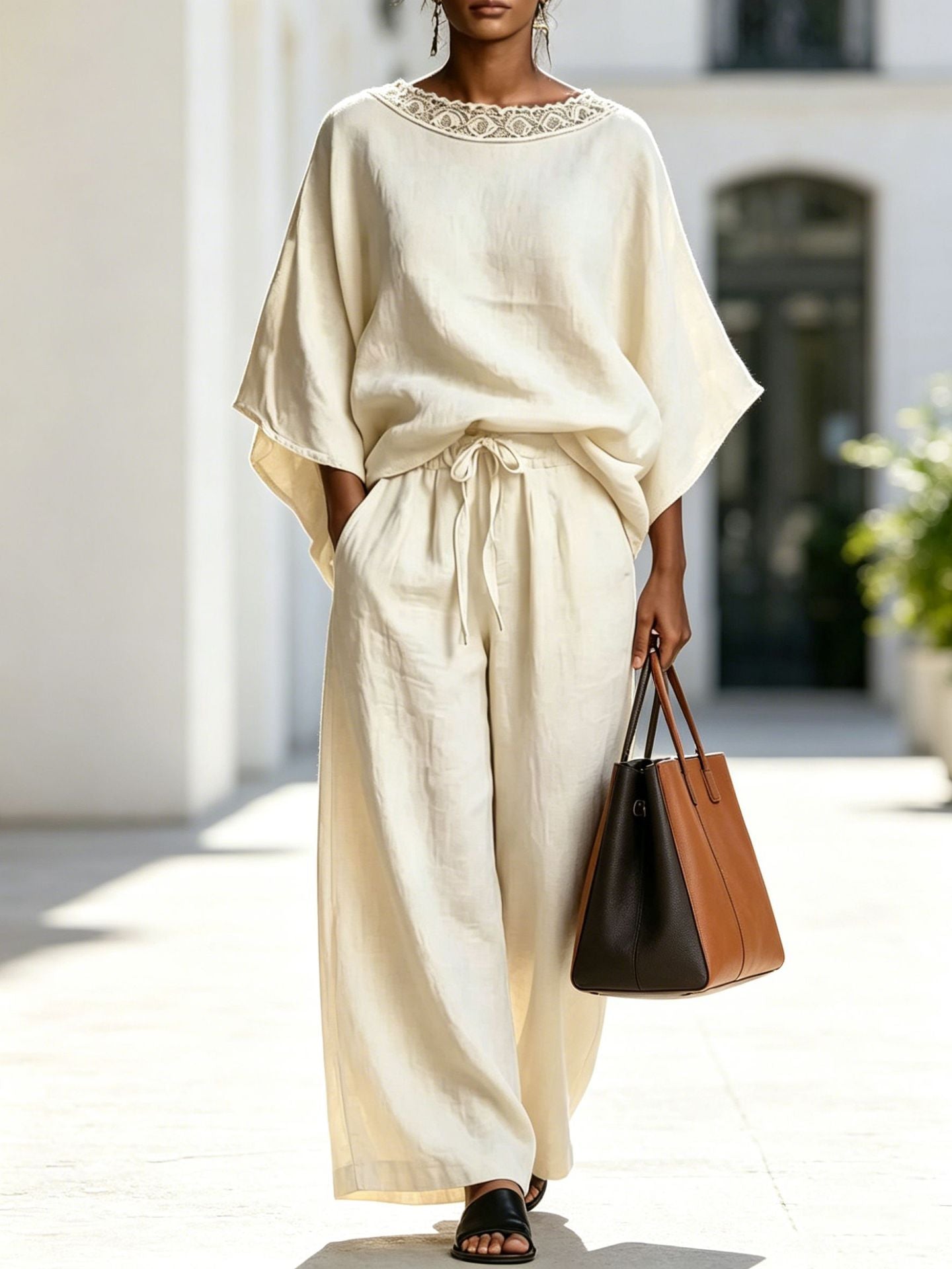 Fashion Casual Solid Color Lace Round Neck Loose Short Sleeve Pants Two-Piece Set 