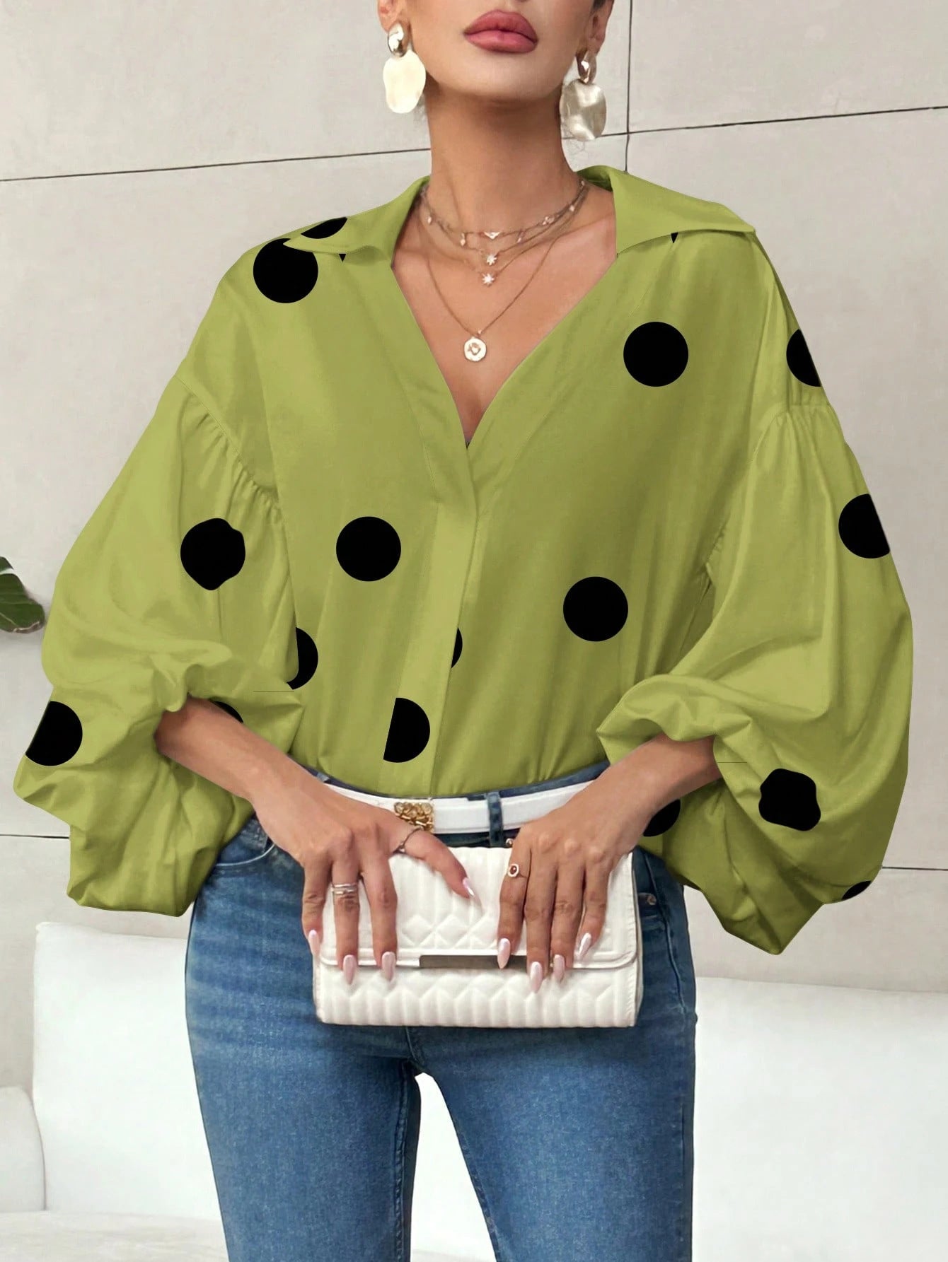 Polka Dot Half-Open Neck Loose Bubble Sleeve Long Sleeve Top 