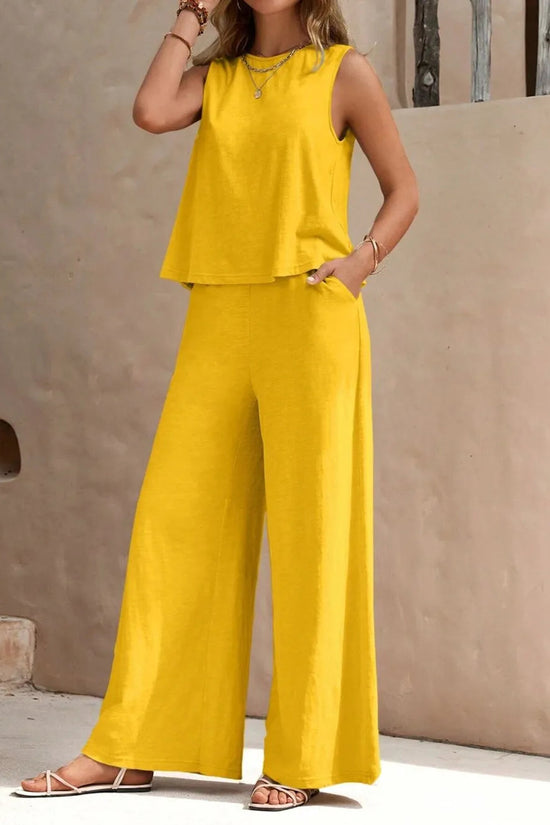 Round Neck Sleeveless Top and Wide Leg Pants Set 
