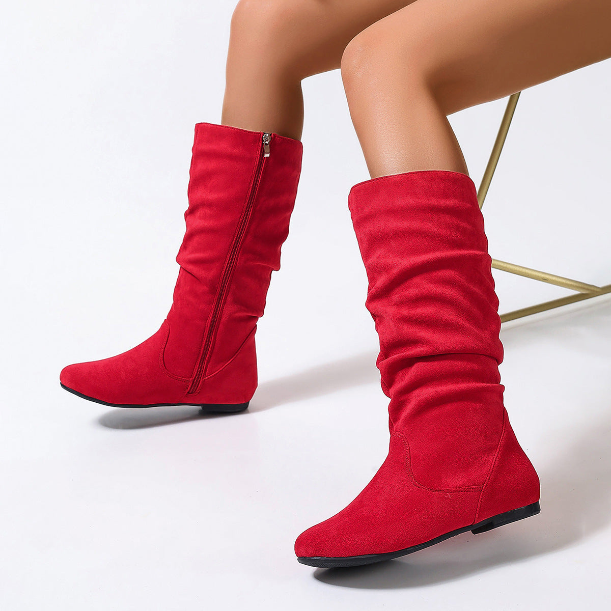 Casual Versatile Durable Comfortable Mid-Calf Boots Lightweight Pleated Side Zip Women's Leather Boots Flat Summer Boots 