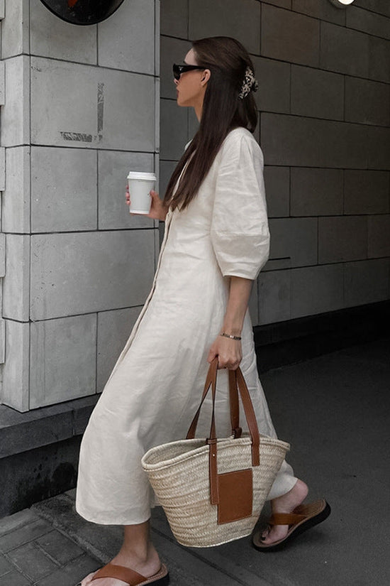 V-neck bubble sleeve loose mid length dress 
