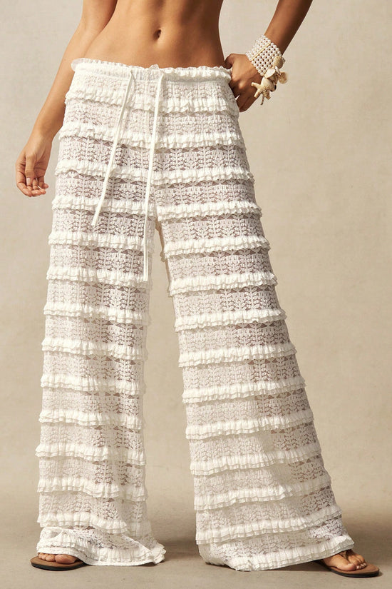 Streetwear Casual Solid Color Lace Jacquard Hollow-out Patchwork Tie-up Straight Leg Pants 