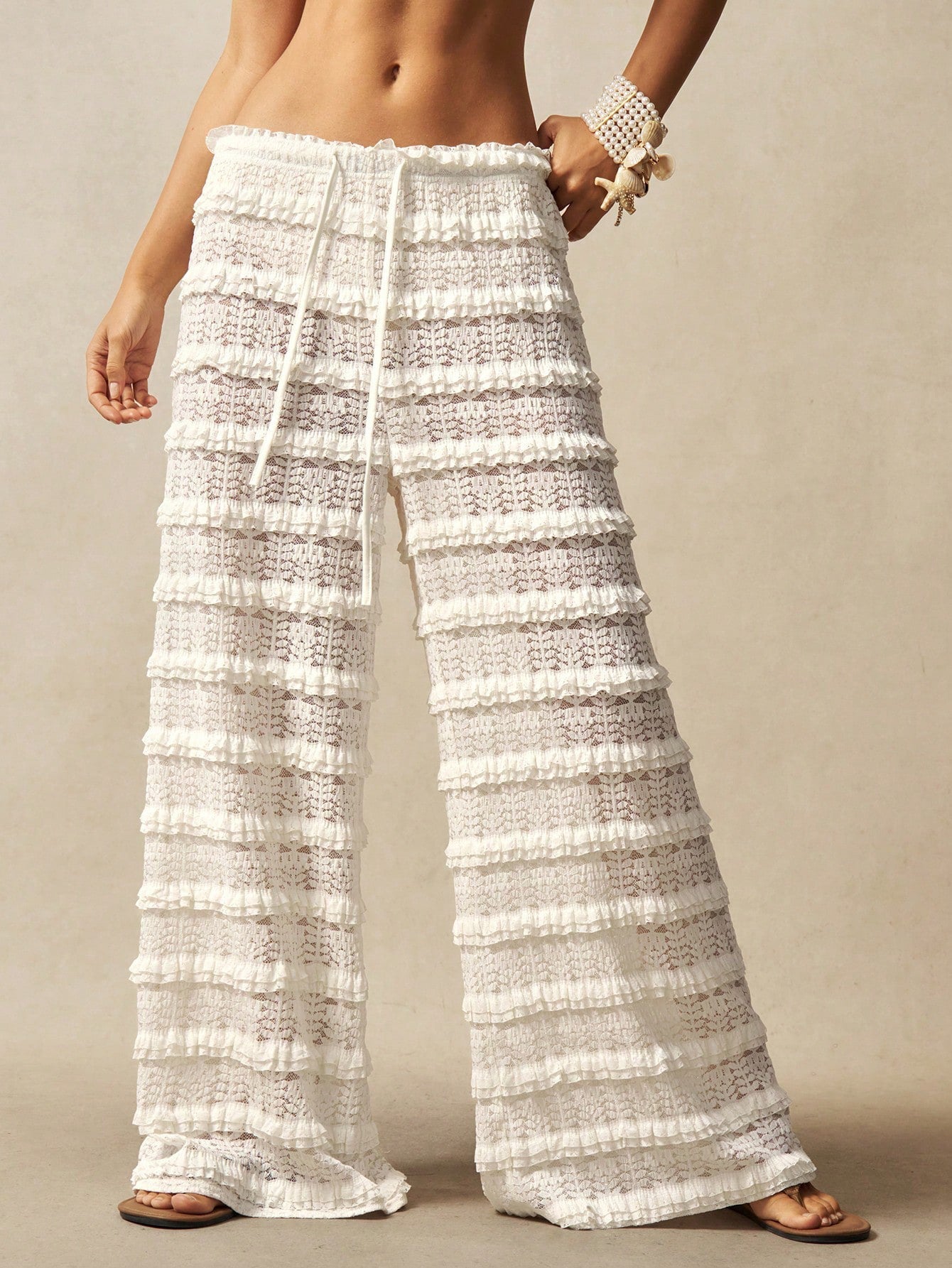 Streetwear Casual Solid Color Lace Jacquard Hollow-out Patchwork Tie-up Straight Leg Pants 