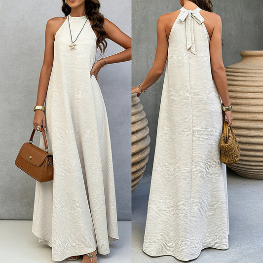 Women Summer Ice Silk Wrinkle Loose Plus Size Sleeveless Solid Color Swing Long Maxi Dress Vacation Style 