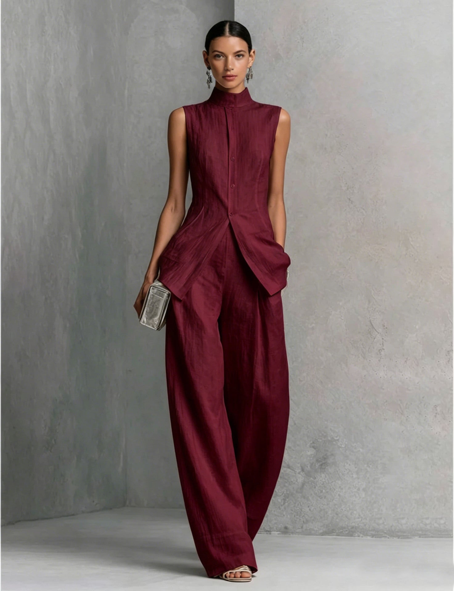 Solid color sleeveless pants set 
