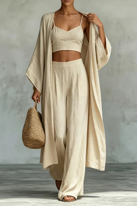Loose cardigan short strap high waist wide leg pants set 