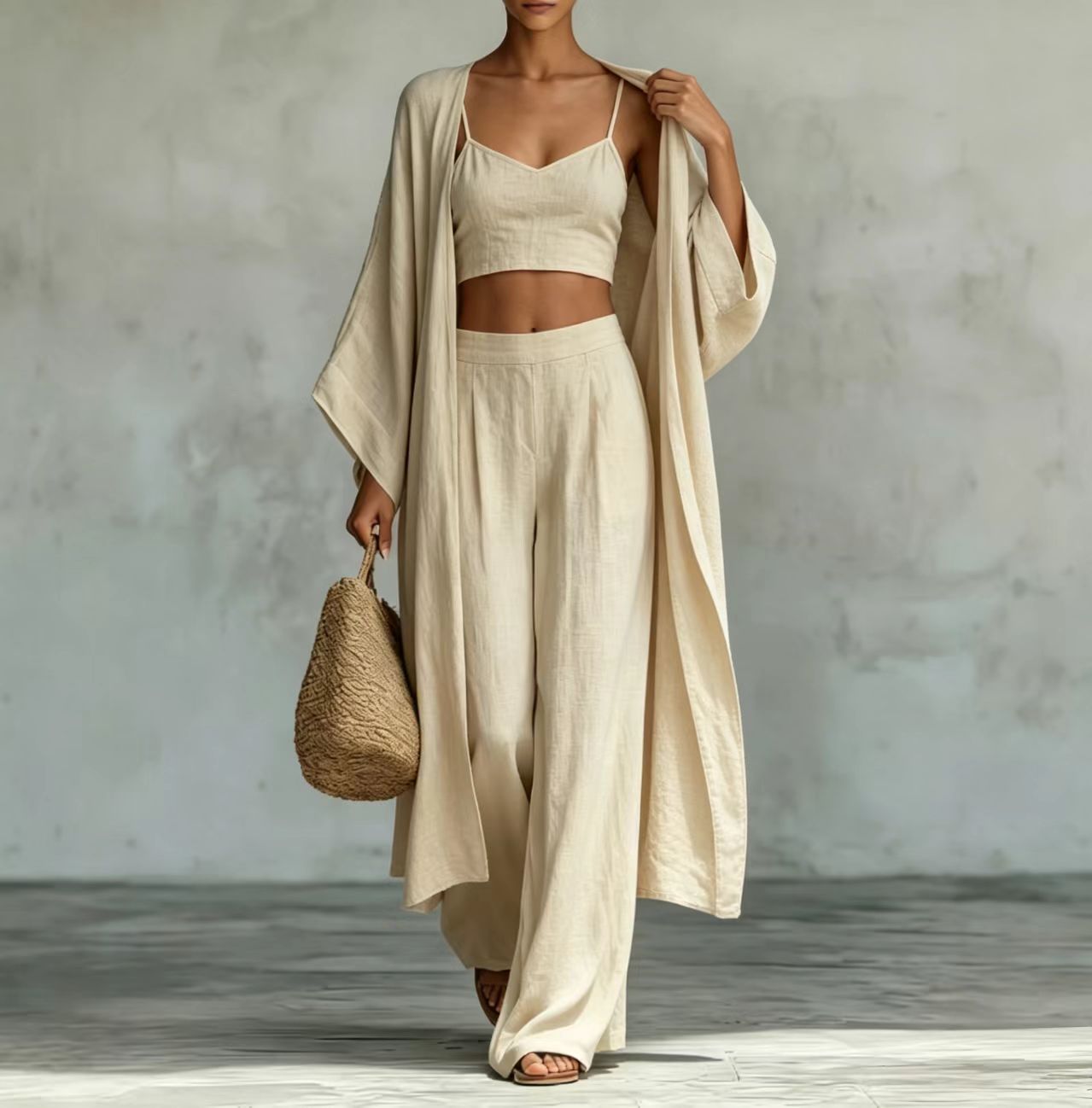Loose cardigan short strap high waist wide leg pants set 