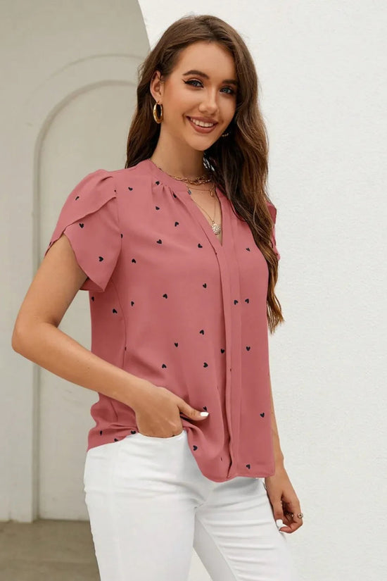 V-neck heart-shaped petal sleeve shirt with elegant women's top 