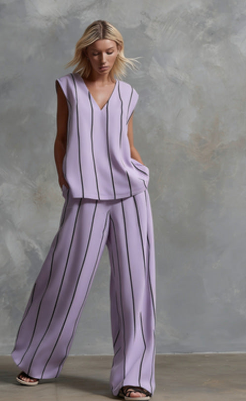 French Minimalist Black And White Vertical Stripe Loose Cotton-Linen Womens Set 