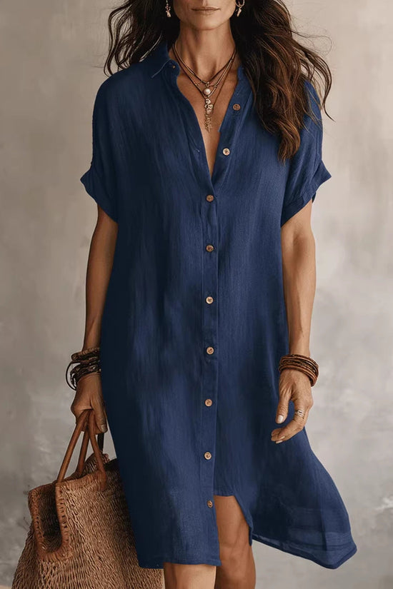 Women's Short-sleeve Buttoned Midi Shirt Dress 