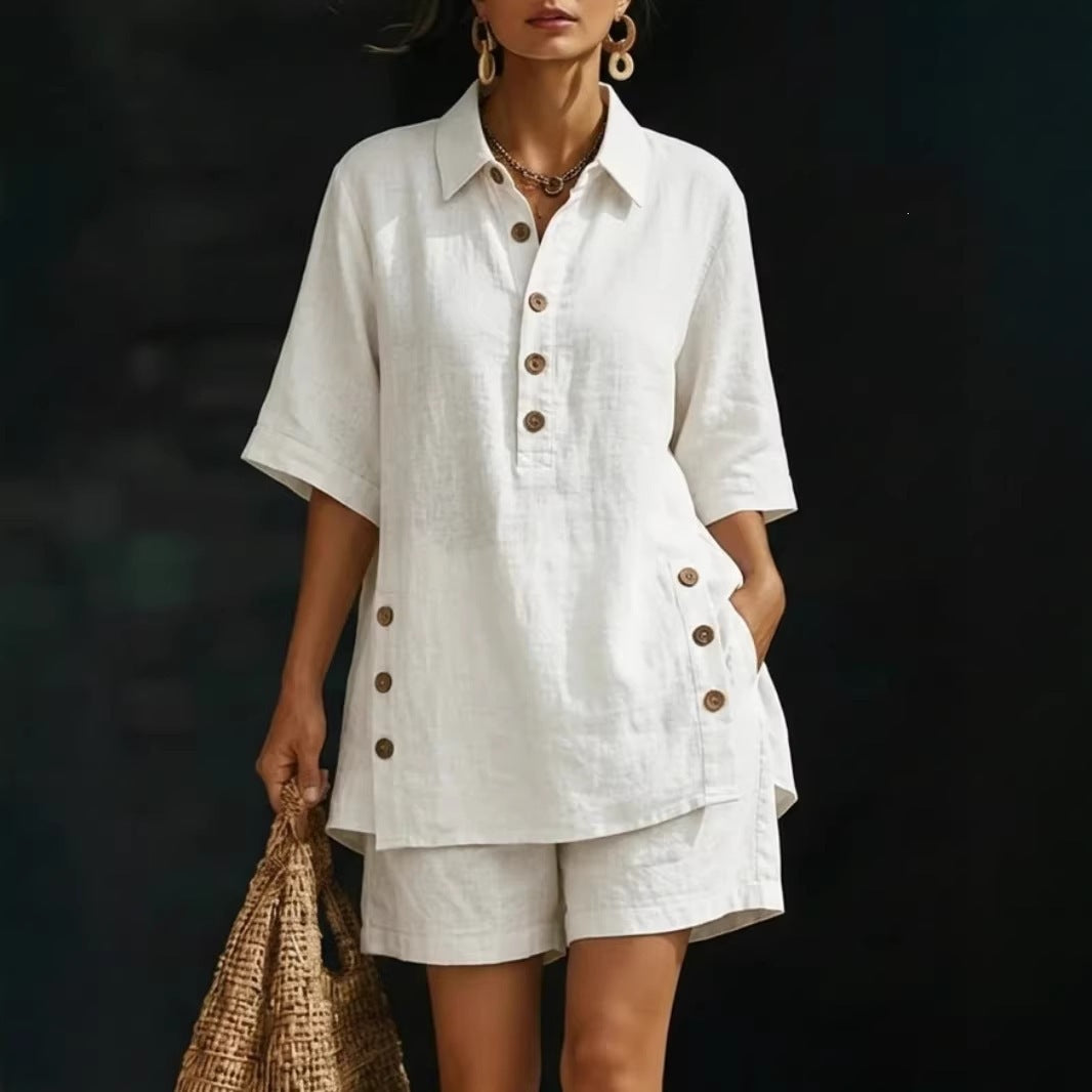 Womens Short-Sleeve Shirt And Loose Pants Two-Piece Set 
