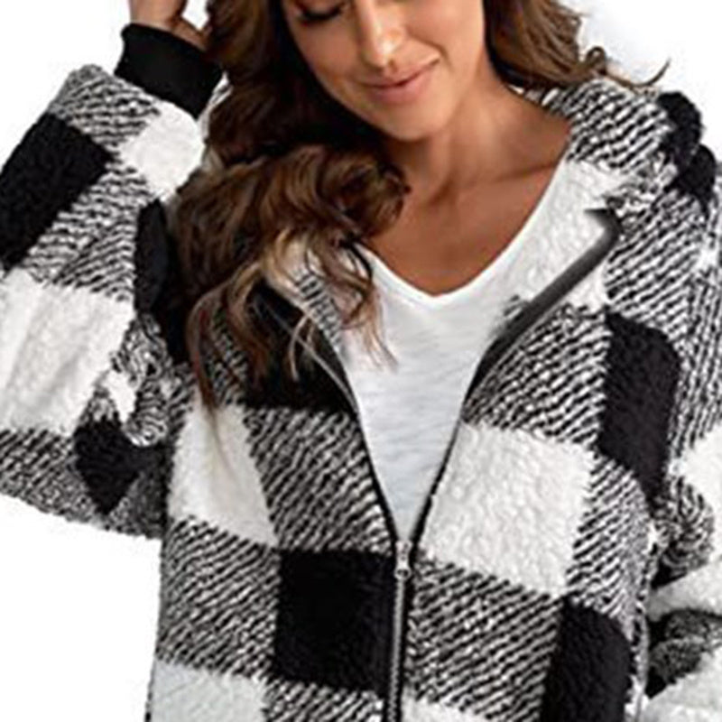 Women's Plaid Hooded Jacket, Long Sleeve Zip Up Oversized Coat With Pockets For Winter Casual And Commute CJ US
