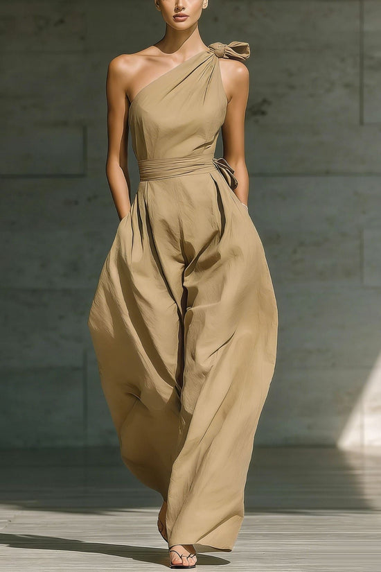 Loose-fitting Sleeveless Off-shoulder Belted Jumpsuit 