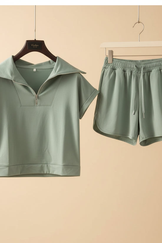 Half-Zip Lapel Sweatshirt & Shorts Two-Piece Set | 6 Colors 
