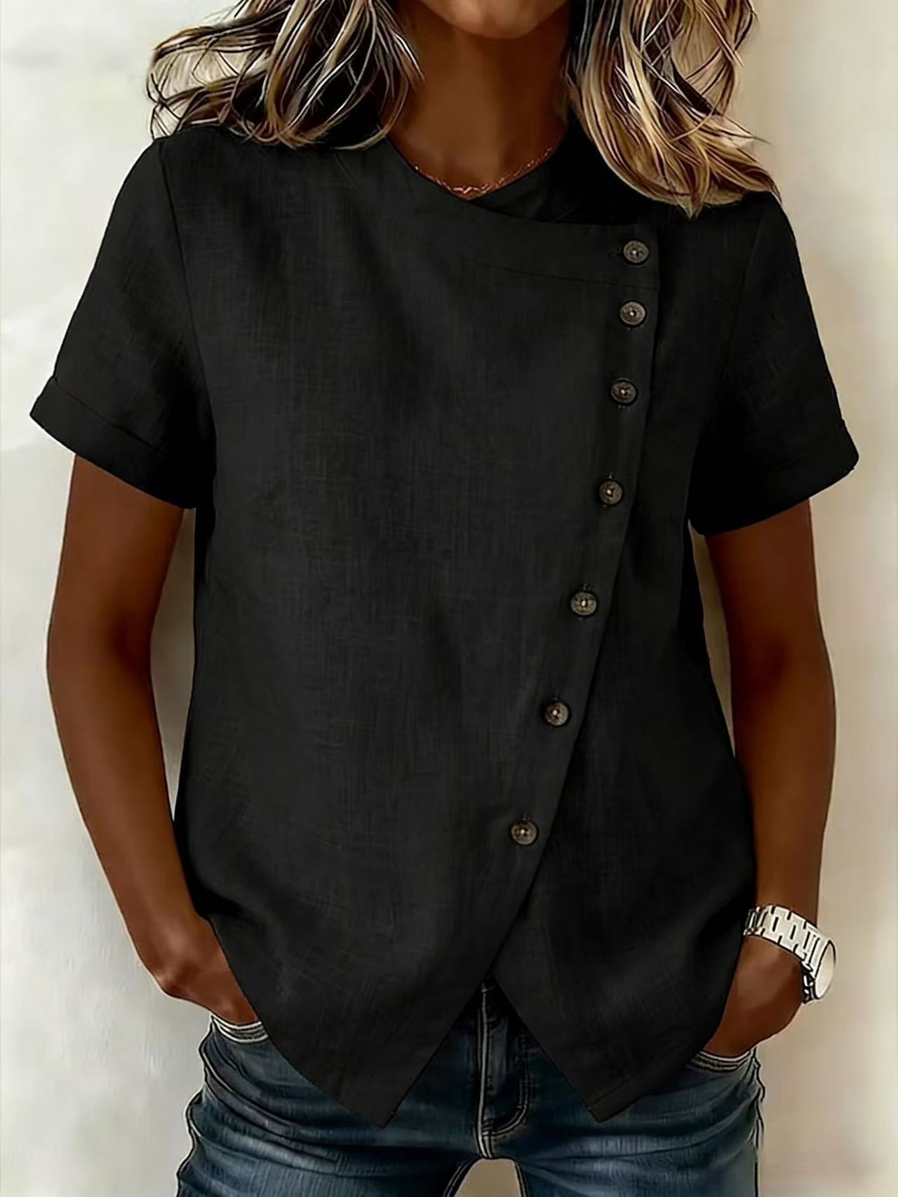 New Solid-Color Cross-Neckline Short-Sleeve Loose Cotton-Linen Asymmetrical Top 