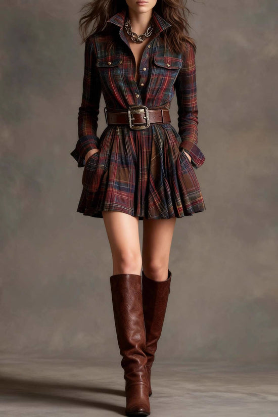 European And American Elegant Plaid Long Sleeve Short Dress Belt 