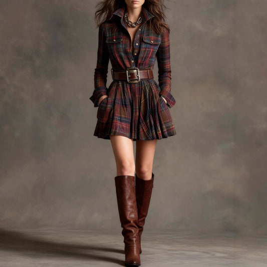 European And American Elegant Plaid Long Sleeve Short Dress Belt 