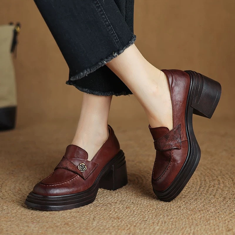 Vintage Womens Chunky-heeled Leather Shoes 