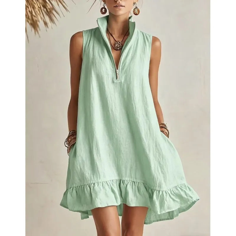 Women's Casual Loose Half-Zip Sleeveless Dress with Ruffle Hem 