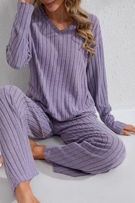 Ribbed Long-Sleeve Top And Pants Casual Comfortable Womens Loungewear Set 