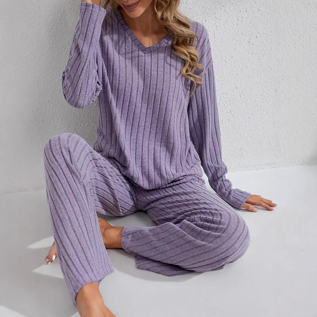 Ribbed Long-Sleeve Top And Pants Casual Comfortable Womens Loungewear Set 
