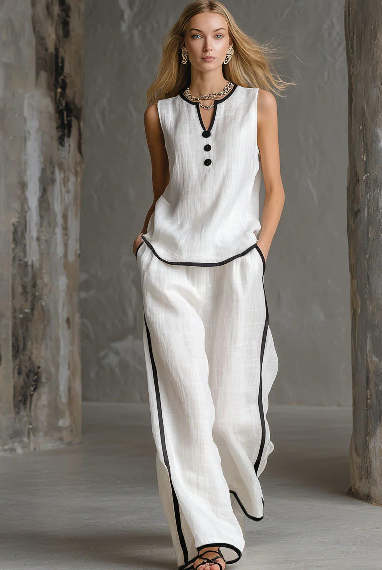Sleeveless V-Neck Black Trim Contrast Color Simple Womens Top And Wide-Leg Pants Set 