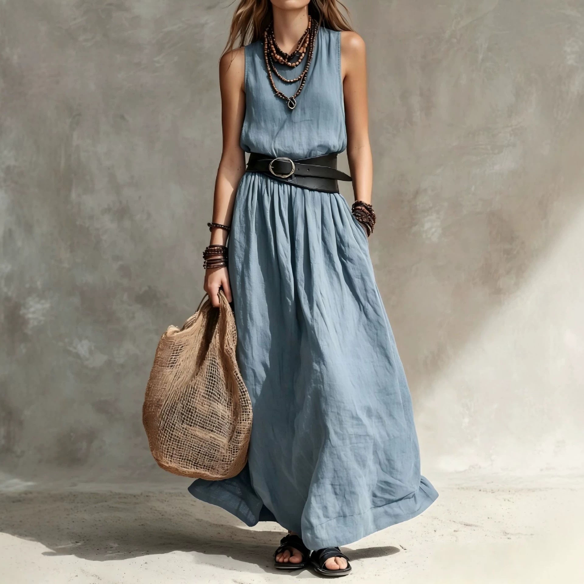 Turn-down Collar Long Sleeveless Dress 