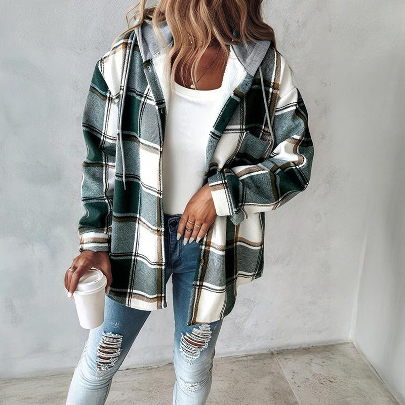 Women's Plaid Hoodie Long Sleeve Jacket Button Drawstring Casual Fall Shirts Shacket With Pocket CJ US