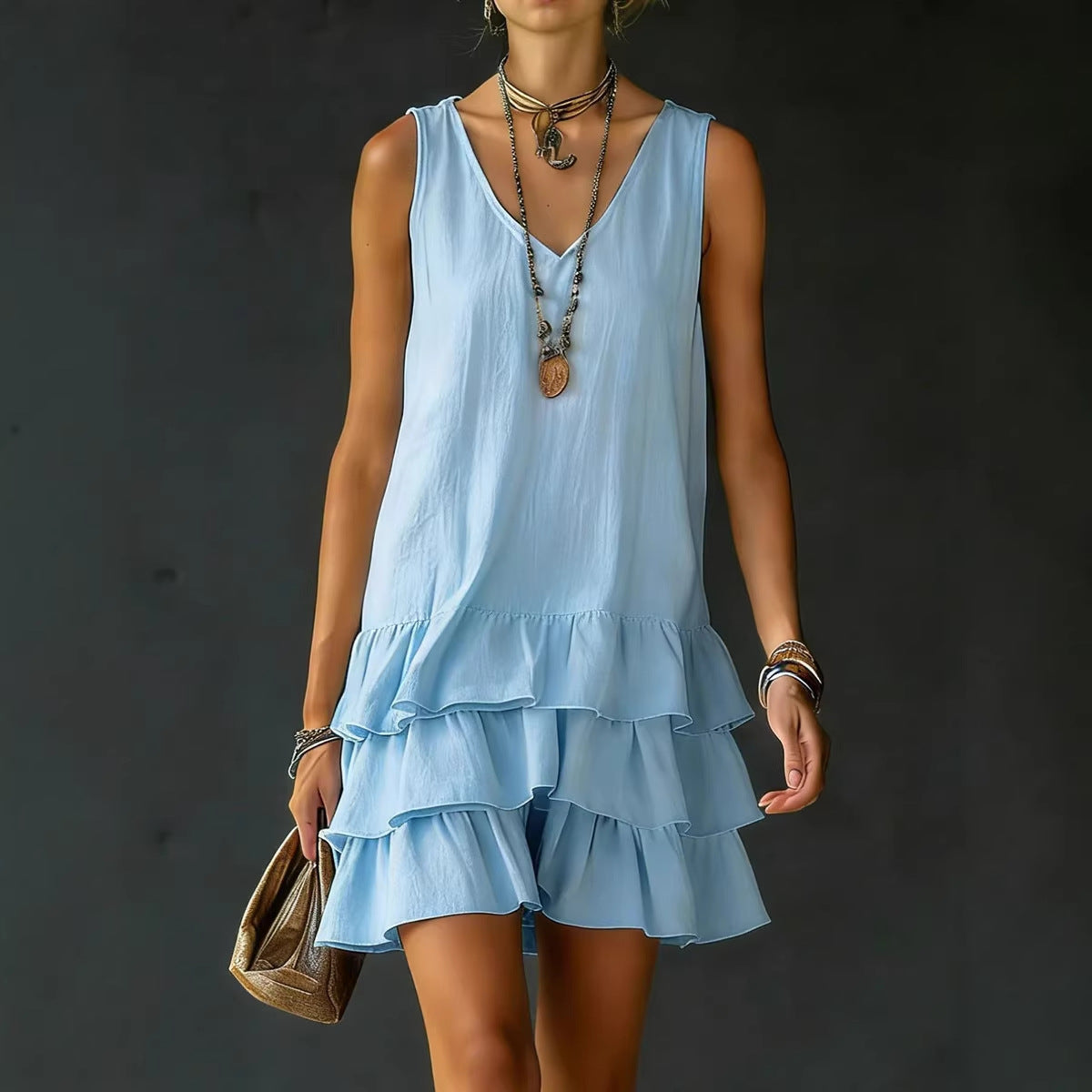 V-neck Cotton-linen Womens Fashionable Sleeveless Dress 