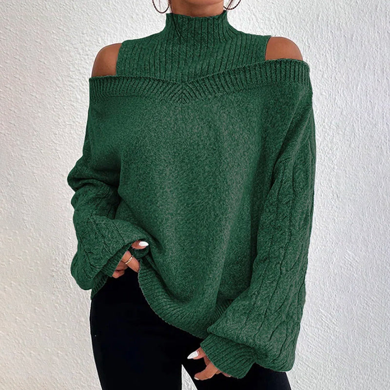 Women's Cold Shoulder Sweater - Sexy High Neck Cut Out Pullover Long Sleeve Top 