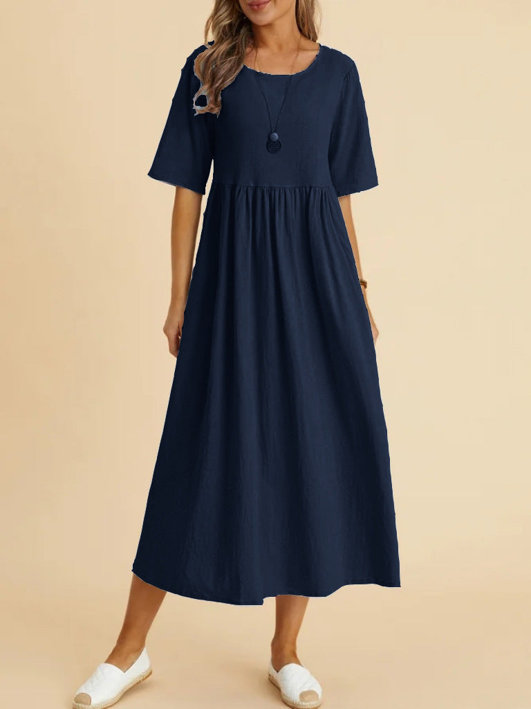 Plus Size Loose Cotton Linen Dress, Round Neck  Sleeve Midi Dress With Pockets 