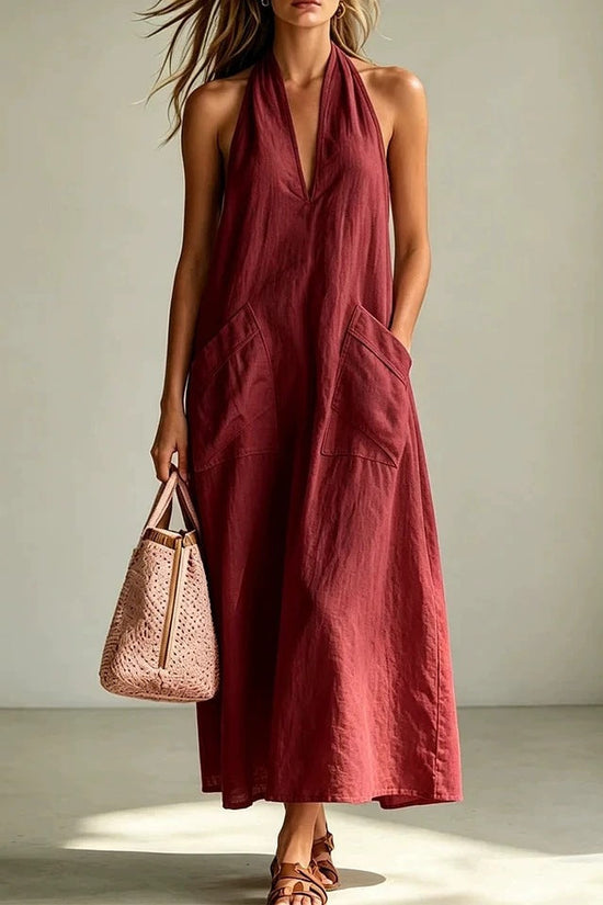 Cotton Halterneck Sleeveless Deep V-Neck Loose Straight-Line Dress 