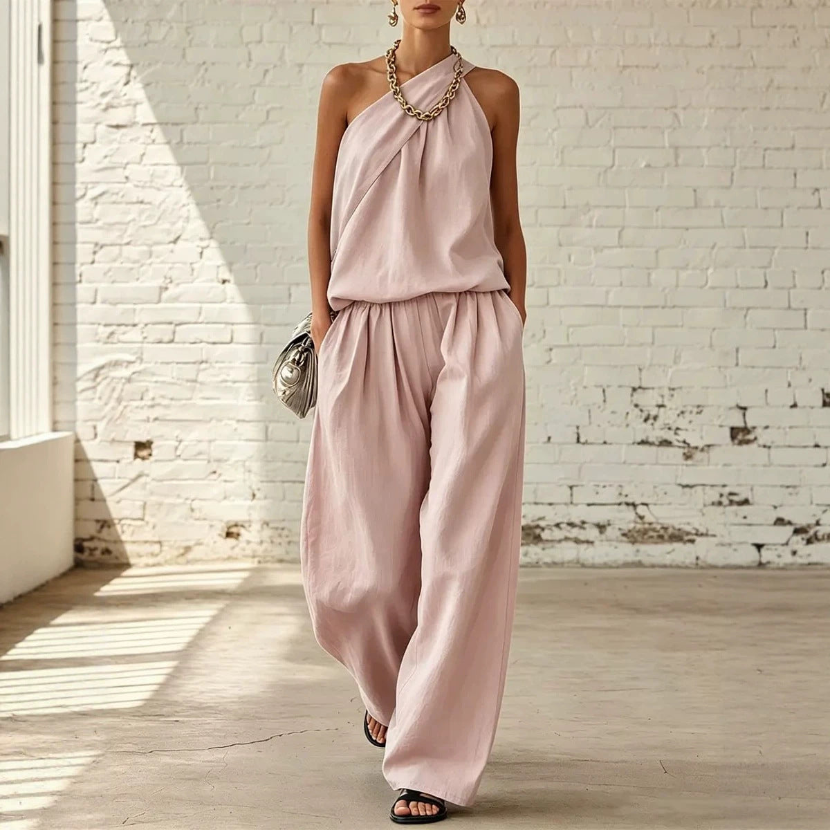 Cotton-linen Sleeveless Double-layer Top And Wide-leg Pants Set 