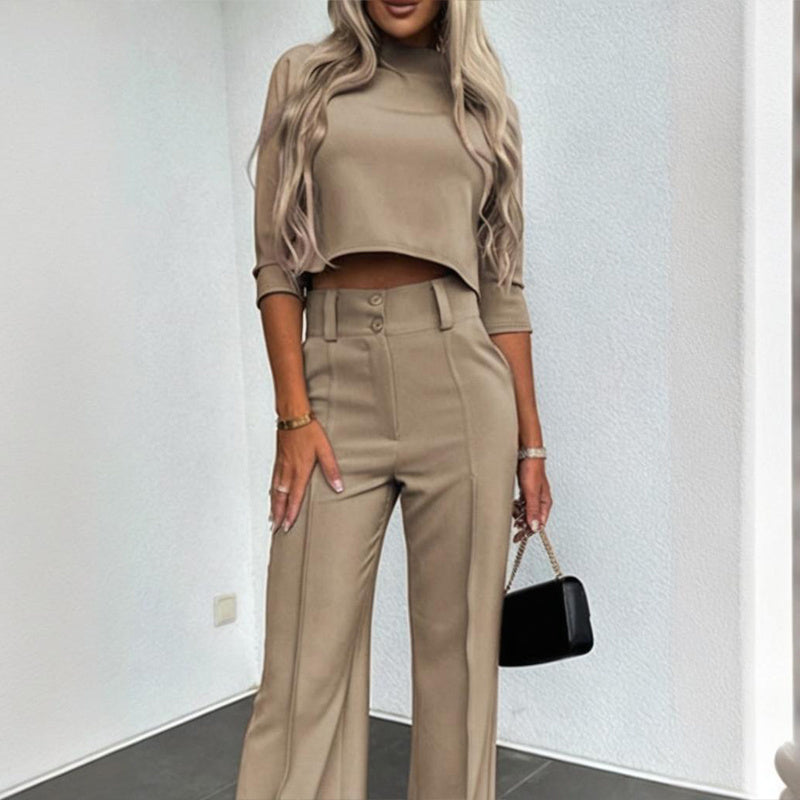 Women's Elegant Solid Color Half Sleeve Short Top With Straight Leg Pants Two-Piece Office Wear Suit With Pockets CJ US