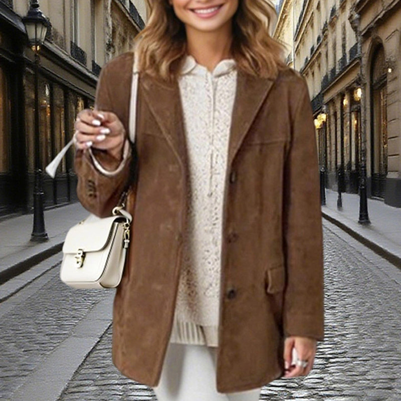 Women's Suede-Look Blazer Jacket, Classic V-Notch Lapel Button Front Coat, Machine Washable Versatile Casual Jacket CJ