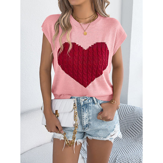 Women's Heart Color Block Knit Top - Casual Sleeveless Valentine Shirt 