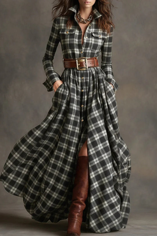 Ins Plaid Print Long-Sleeved Dress Fashion Pockets Collared Buttons Shirt Long Dresses Retro Women's Clothing 