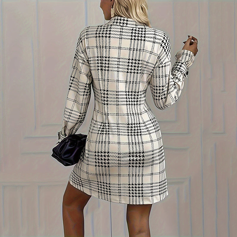 Women's Elegant Plaid Shirt Dress, Ruched Waist A-Line Mini Dress With Long Sleeves CJ US