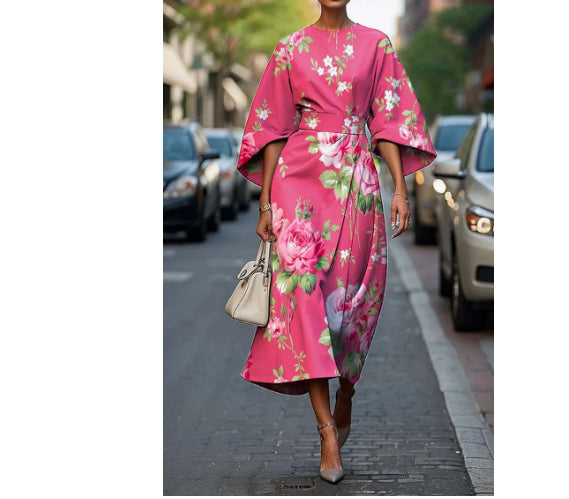 Women's Elegant Fashion Print Round Neck Long Dress 