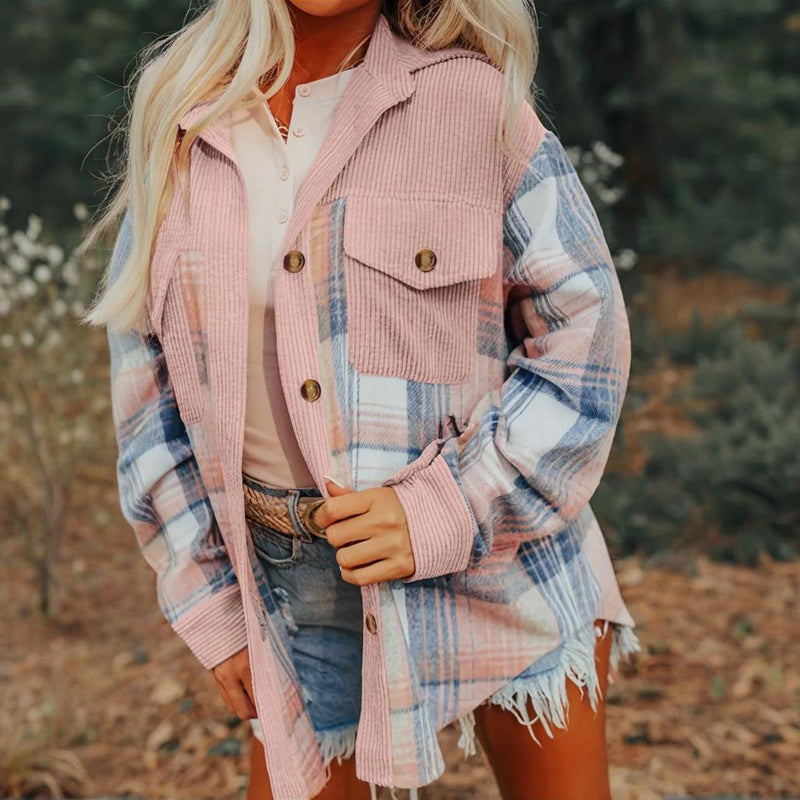 Women's Notch Lapel Check Print Long Sleeve Shirt - Button Front Pocket Detail Casual Blouse CJ US