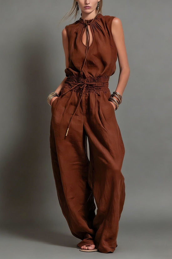 Personalized Street-style Loose-fitting Sleeveless Waist-cinching Wide-leg Jumpsuit 