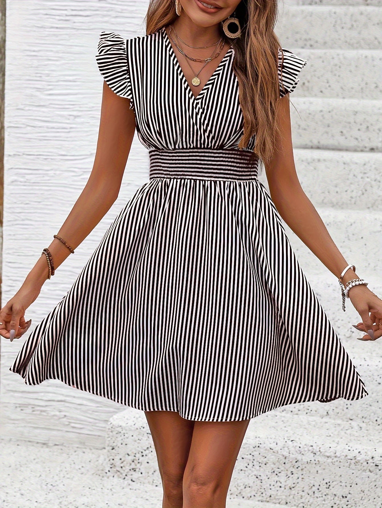 Women's Mini Dress V Neck Flutter Sleeve Striped Summer Dress CJ US