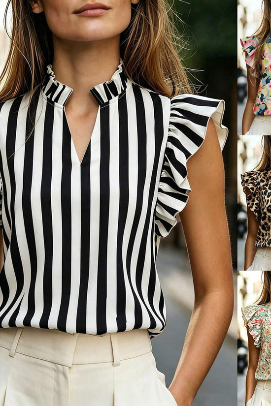Women's Retro Ruffle-Trimmed Printed Sleeveless Shirt 
