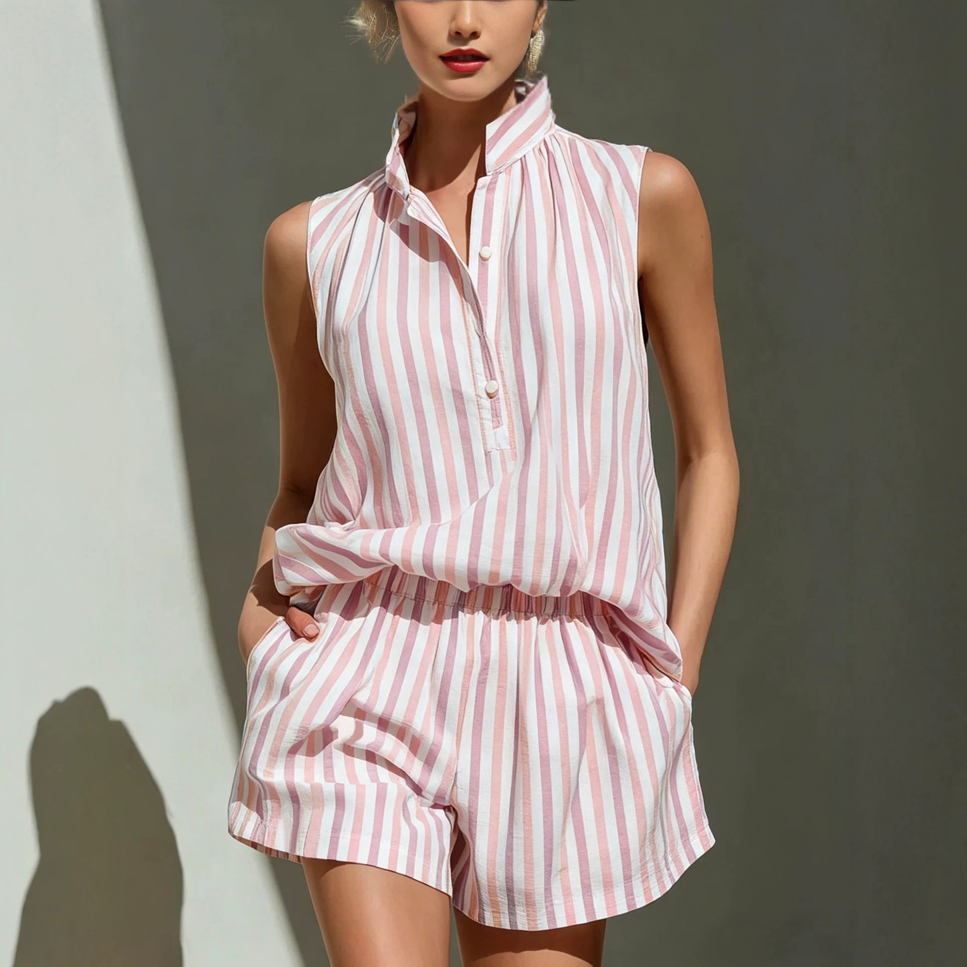 Sleeveless Stand Collar Striped Vest And Casual Shorts Two-Piece Set 