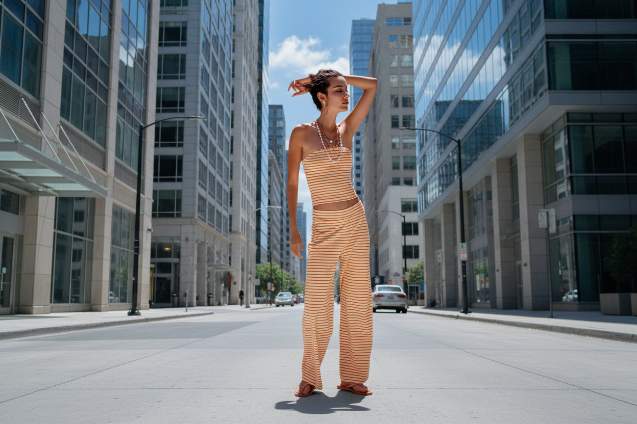Printed Striped Tube Top And Pants Set 