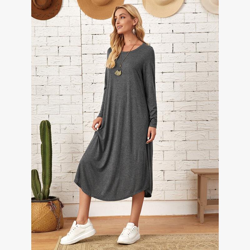 Womens Solid-Color Casual Long-Sleeve Dress 
