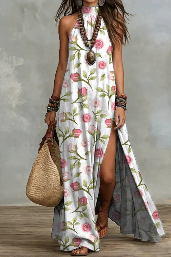 Split Sleeveless Multicolored Printed Maxi Dress 