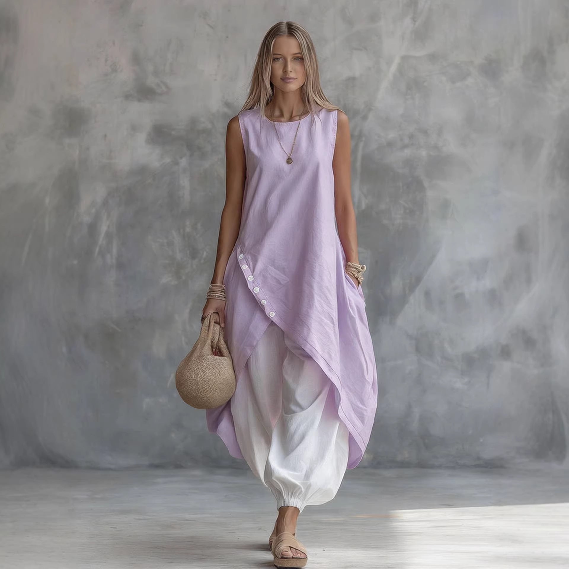 Solid-color Sleeveless Loose-fit Dress With Patch Pockets 