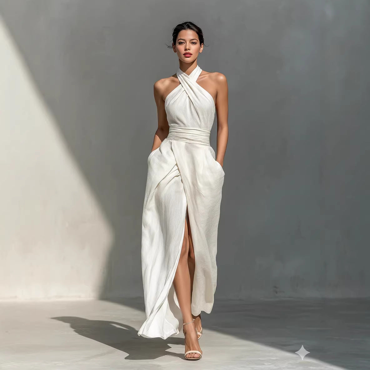 Sleeveless Elegant Slim-fit Pure White Dress 