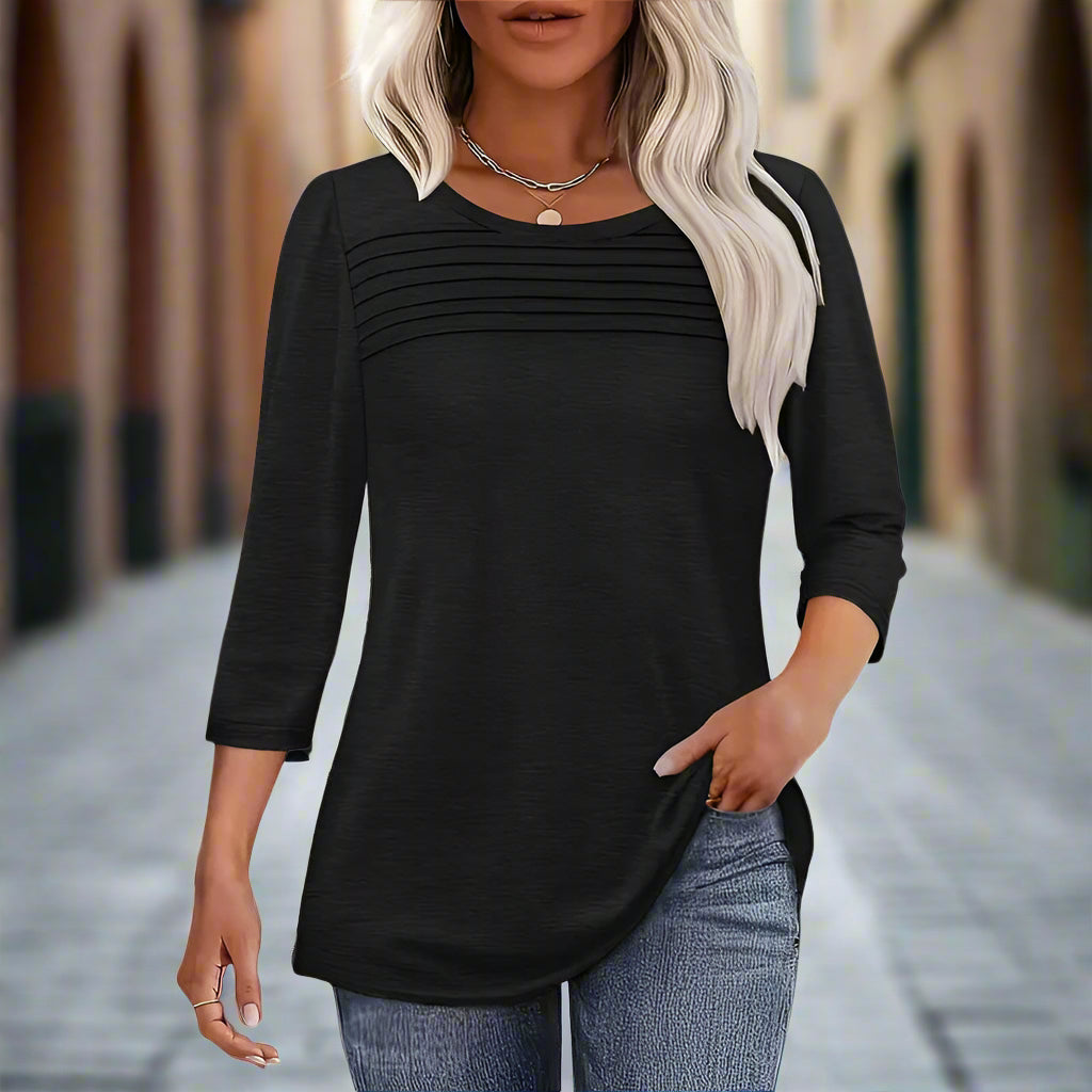 Women's 3-Pack 3 4 Sleeve Tunic Tops, Round Neck Pleated Blouse, Dressy Casual Shirts For Spring Summer Fall CJ US